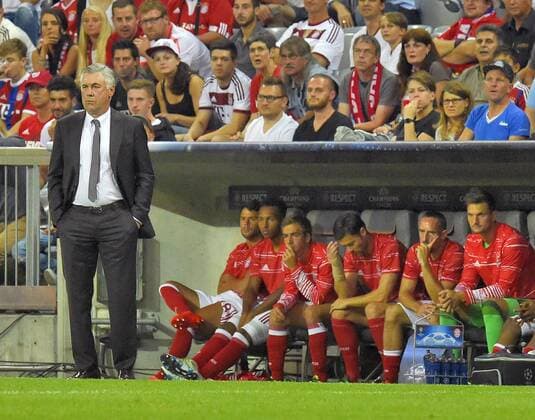 13.09.2016, Fussball Champions-League 2016 2017, Vorrunde 1.Spieltag, FC Bayern München - FK Rostow, in der Allianzarena München. v.l. Trainer Carlo Ancelotti (FC Bayern München), Juan Bernat (FC Bayern München), Julian Green (FC Bayern München), Philipp Lahm (FC Bayern München), Xabi Alonso (FC Bayern München), Franck Ribery (FC Bayern München) und Torwart Sven Ulreich (FC Bayern München) 