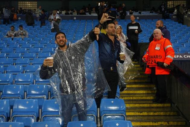 13.09.2016. The Etihad, Manchester, England. UEFA Champions League Football. Manchester City versus Borussia Monchengladbach. The German fans unhappy inside the Etihad as torrential rain before the kick off forces the game to be postponed. xAlanxMartinx  ActionPlus11788851