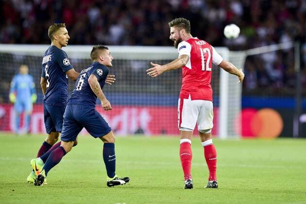 incidents entre MARQUINHOS VERRATTI Marco (PSG) - Olivier Giroud (Arsenal) FOOTBALL : Paris St. Germain Paris St. Germain (PSG) vs Arsenal FC London FC London - Champions League - 13 09 2016 JBAutissierx 
