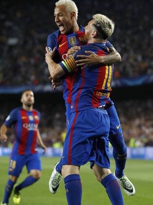 (L-R) Jordi Alba of FC Barcelona Barca Neymar of FC Barcelona, Lionel Messi of FC Barcelonaduring the UEFA Champions League group C match between FC Barcelona and Celtic on September 13, 2016 at the Camp Nou stadium in Barcelona, Spain. FC Barcelona v Celtic UEFA Champions League 2016 2017 xVIxxIVx 6212388