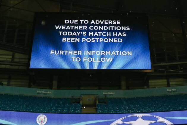 A general view, SEPTEMBER 13, 2016 - Football Soccer : The big screen announcing that due to the weather condition the match has been postponed during the UEFA Champions League Group Stage match between Manchester City and Borussia Monchengladbach at Etihad Stadium in Manchester, England. Noxthirdxpartyxsales  (mdga011848)