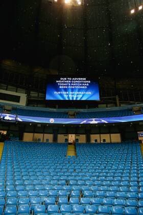A general view, SEPTEMBER 13, 2016 - Football Soccer : The big screen announcing that due to the weather condition the match has been postponed during the UEFA Champions League Group Stage match between Manchester City and Borussia Monchengladbach at Etihad Stadium in Manchester, England. Noxthirdxpartyxsales  (mdga011849)
