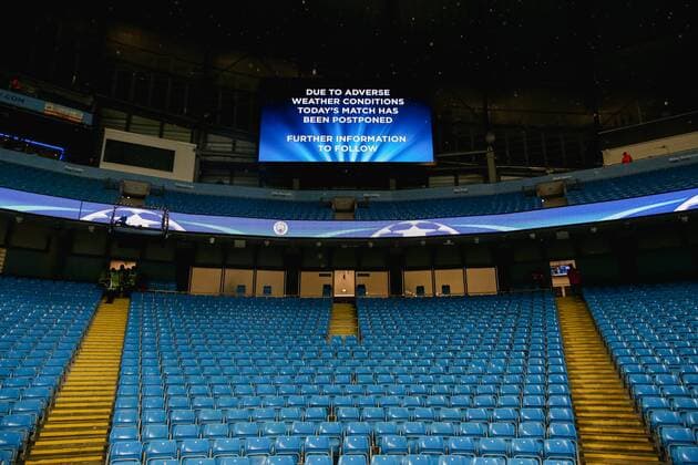A general view, SEPTEMBER 13, 2016 - Football Soccer : The big screen announcing that due to the weather condition the match has been postponed during the UEFA Champions League Group Stage match between Manchester City and Borussia Monchengladbach at Etihad Stadium in Manchester, England. Noxthirdxpartyxsales  (mdga011850)
