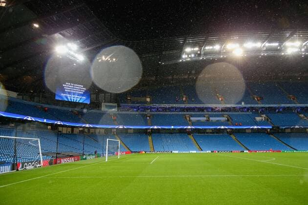 A general view, SEPTEMBER 13, 2016 - Football Soccer : The big screen announcing that due to the weather condition the match has been postponed during the UEFA Champions League Group Stage match between Manchester City and Borussia Monchengladbach at Etihad Stadium in Manchester, England. Noxthirdxpartyxsales  (mdga011851)