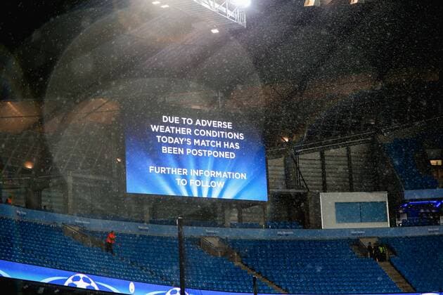 A general view, SEPTEMBER 13, 2016 - Football Soccer : The big screen announcing that due to the weather condition the match has been postponed during the UEFA Champions League Group Stage match between Manchester City and Borussia Monchengladbach at Etihad Stadium in Manchester, England. Noxthirdxpartyxsales  (mdga011853)
