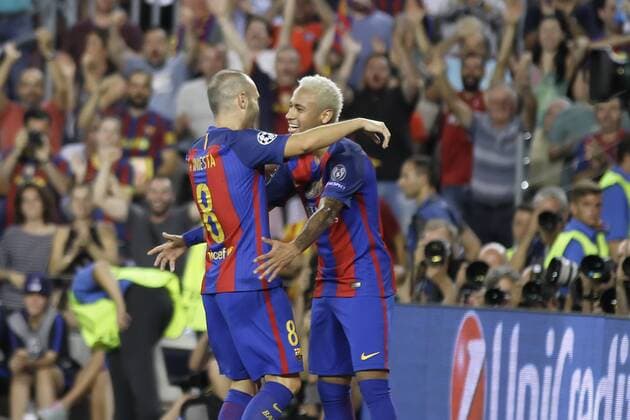 13.09.2016. Nou Camp, Barcelona, Spain. UEFA Champions League Football. Barcelona versus Celtic. Iniesta celebrating his goal with Neymar xAngelxBoludax  ActionPlus11788990