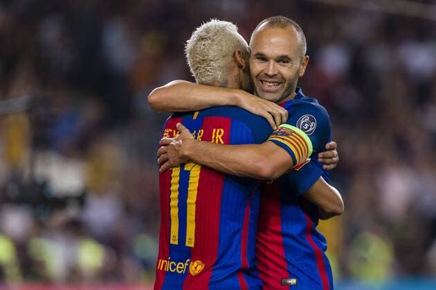 SPAIN - 13th Sep: Iniesta celebrates scoring the goal with Neymar during the UEFA Champions League round of 1 of group stage match between FC Barcelona Barca - Celtic FC, played at Camp Nou Stadium on 13th Sep 2016 in Barcelona, Spain.  xMikelxTriguerosx xSPAINxx-xFCxBarcelonax-xCelticxFCx-xChampionsxLeaguex-x2016 17x