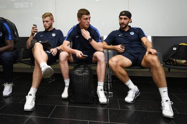 Genk s new player Jakub Brabec, Genk s Bojan Nastic and Genk s Tino-Sven Susic pictured after the arrival of Belgian first league soccer team Racing Genk in Vienna, Austria, Wednesday 14 September 2016. Tomorrow Genk is playing the first game of the group stage of the Europa League competition against Austrian club Rapid Wien, in the group F. YORICKxJANSENS  x04931096x