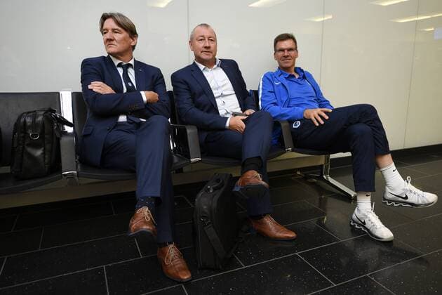 Genk s general director Patrick Janssens, Genk s assistant coach Pierre Denier and Genk s assistant coach Rudy Cossey pictured after the arrival of Belgian first league soccer team Racing Genk in Vienna, Austria, Wednesday 14 September 2016. Tomorrow Genk is playing the first game of the group stage of the Europa League competition against Austrian club Rapid Wien, in the group F. YORICKxJANSENS  x04931098x