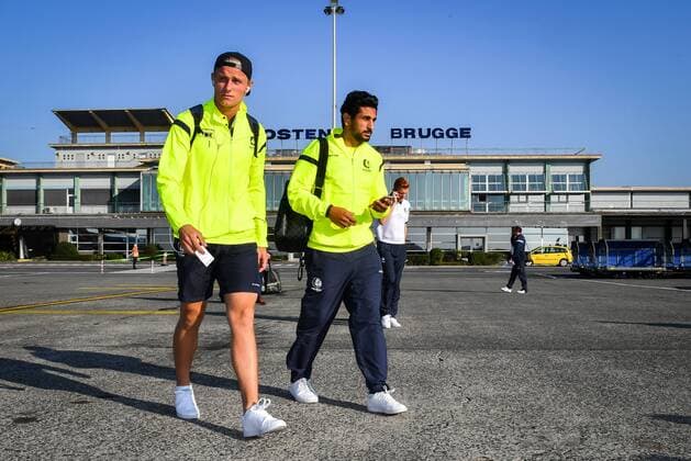 Gent s goalkeeper Rinne Jacob and Gent s Kenneth Saief pictured at the departure of Belgian first league soccer team KAA Gent for Braga in Portugal, Wednesday 14 September 2016, in Oostende airport. Tomorrow Gent is playing the first game of the group stage of the Europa League competition against SC Braga, in the group H. LUCxCLAESSEN  x04931160x
