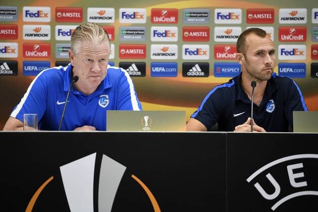 Genk s head coach Peter Maes and Genk s Thomas Buffel pictured during a press conference PK Pressekonferenz of Belgian first league soccer team KRC Genk in Vienna, Austria, Wednesday 14 September 2016. Tomorrow Genk is playing the first game of the group stage of the Europa League competition against Austrian club Rapid Wien, in the group F. YORICKxJANSENS  x04931457x