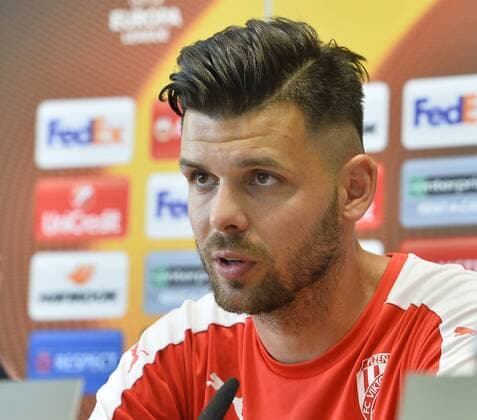 Michal Duris of Viktoria attends a press conference PK Pressekonferenz prior to the European league match, FC Viktoria Plzen vs AS Roma, in Pilsen, Czech Republic, September 14, 2016. (CTKxPhoto MiroslavxChaloupka) CTKPhotoP201609140798401  _CHA0285