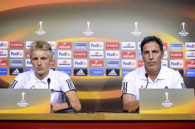 Celta s midfielder Daniel Wass and Celta s head coach Italian Eduardo Berizzo pictured during an press conference PK Pressekonferenz of Spanish club Celta de Vigo in Liege, Wednesday 14 September 2016. Tomorrow Standard is playing the first game of the group stage of the Europa League competition against Spanish club Celta de Vigo, in the group G. NICOLASxLAMBERT  x04931617x