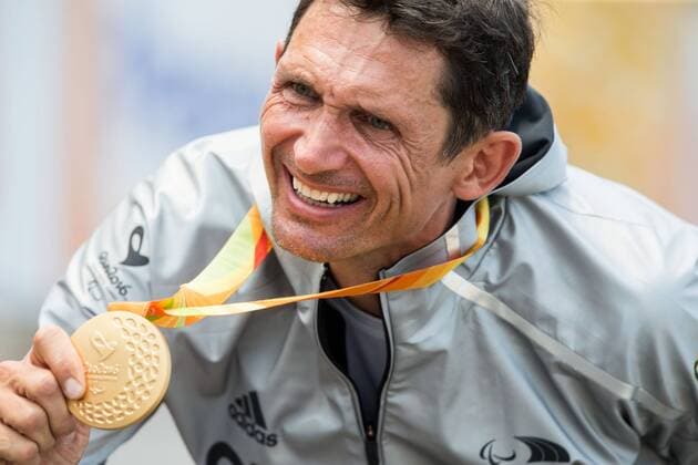 14.09.2016, Pontal, Rio de Janeiro, BRA, Rio 2016, Paralympische Sommerspiele, Handbike, Zeiitfahren, Herren, im Bild Winner Michael Teuber of Germany celebrates during the Men s Time Trial H5 of Cycling Road of the 2016 Rio Summer Paralympics at the Pontal in Rio de Janeiro, Brazil on 2016 09 14. Rio de Janeiro EP_stida