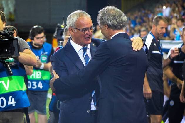 Leicester s head coach Claudio Ranieri and Club s head coach Michel Preud homme pictured at the start of a game of the first day of the group stage of the UEFA Champions League competition between Belgian first division soccer team Club Brugge KV and English club Leicester City F.C. in the group G in Brugge, Wednesday 14 September 2016. BRUNOxFAHY  x04931687x