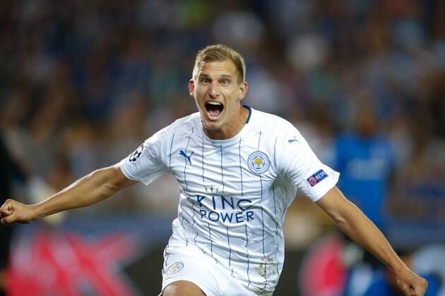Leicester s Marc Albrighton celebrates after scoring during a game of the first day of the group stage of the UEFA Champions League competition between Belgian first division soccer team Club Brugge KV and English club Leicester City F.C. in the group G in Brugge, Wednesday 14 September 2016. BRUNOxFAHY  x04931696x