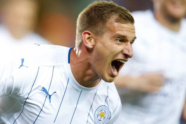 Leicester s Marc Albrighton celebrates after scoring during a game of the first day of the group stage of the UEFA Champions League competition between Belgian first division soccer team Club Brugge KV and English club Leicester City F.C. in the group G in Brugge, Wednesday 14 September 2016. BRUNOxFAHY  x04931702x