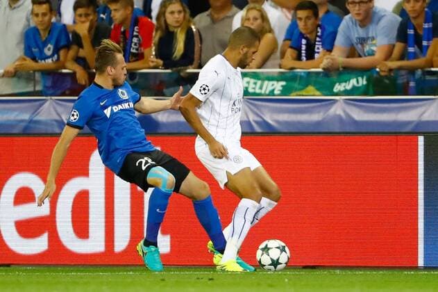 Club s Laurens De Bock and Leicester s Riyad Mahrez fight for the ball during a game of the first day of the group stage of the UEFA Champions League competition between Belgian first division soccer team Club Brugge KV and English club Leicester City F.C. in the group G in Brugge, Wednesday 14 September 2016. KURTxDESPLENTER  x04931734x