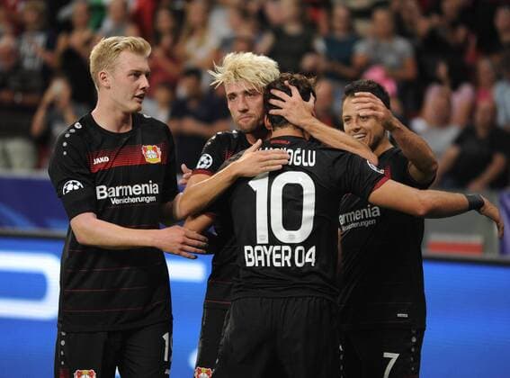 Championsleague 2016 2017: Bayer 04 Leverkusen - ZSKA Moskau 14.09.2016. Jubel Leverkusen nach dem 2:0. V.l: Julian Brandt, Kevin Kampl, der Torschütze Hakan Calhanoglu und Chicharito. HM