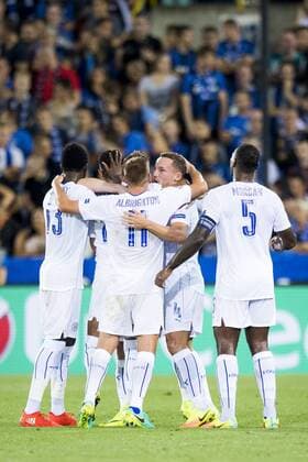 Leicester s players celebrate after scoring during a game of the first day of the group stage of the UEFA Champions League competition between Belgian first division soccer team Club Brugge KV and English club Leicester City F.C. in the group G in Brugge, Wednesday 14 September 2016. JASPERxJACOBS  x04931775x