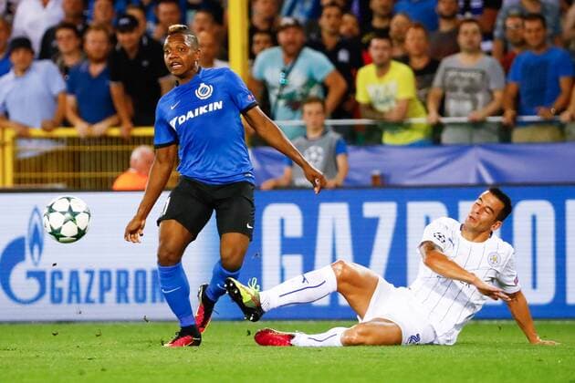 Club s Jose Izquierdo and Leicester s Riyad Mahrez fight for the ball during a game of the first day of the group stage of the UEFA Champions League competition between Belgian first division soccer team Club Brugge KV and English club Leicester City F.C. in the group G in Brugge, Wednesday 14 September 2016. KURTxDESPLENTER  x04931783x