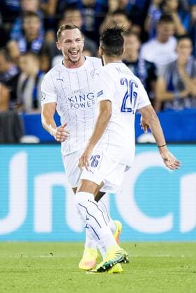 Leicester s Danny Drinkwater and Leicester s Riyad Mahrez celebrate after scoring during a game of the first day of the group stage of the UEFA Champions League competition between Belgian first division soccer team Club Brugge KV and English club Leicester City F.C. in the group G in Brugge, Wednesday 14 September 2016. JASPERxJACOBS  x04931789x