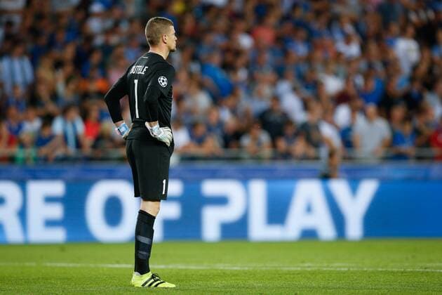 Club s goalkeeper Ludovic Butelle looks dejected during a game of the first day of the group stage of the UEFA Champions League competition between Belgian first division soccer team Club Brugge KV and English club Leicester City F.C. in the group G in Brugge, Wednesday 14 September 2016. BRUNOxFAHY  x04931791x