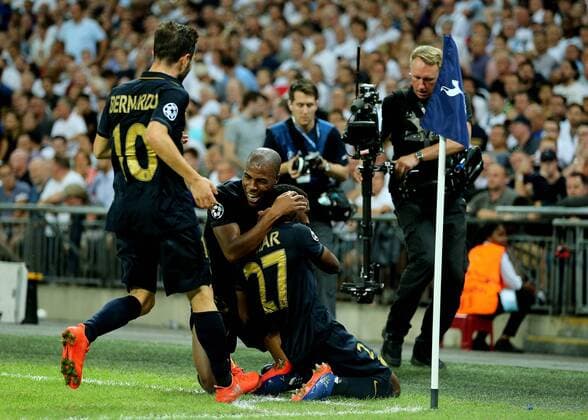 14.09.2016. Wembley Stadium, London, England. UEFA Champions League Football. Tottenham Hotspur versus Monaco. AS Monaco Defender Djibril Sidib& xe9; celebrates with AS Monaco Midfielder Thomas Lemar, after Lemar scores Monaco s second past Tottenham Hotspur Goalkeeper Hugo Lloris, 2-0 xMarkxKertonx  ActionPlus11789456