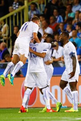 Leicester s players celebrate after scoring during a game of the first day of the group stage of the UEFA Champions League competition between Belgian first division soccer team Club Brugge KV and English club Leicester City F.C. in the group G in Brugge, Wednesday 14 September 2016. KURTxDESPLENTER  x04931860x