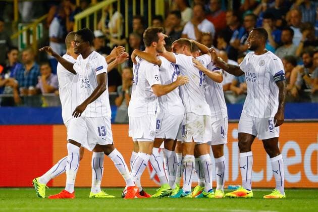 Leicester s players celebrate after scoring during a game of the first day of the group stage of the UEFA Champions League competition between Belgian first division soccer team Club Brugge KV and English club Leicester City F.C. in the group G in Brugge, Wednesday 14 September 2016. KURTxDESPLENTER  x04931849x