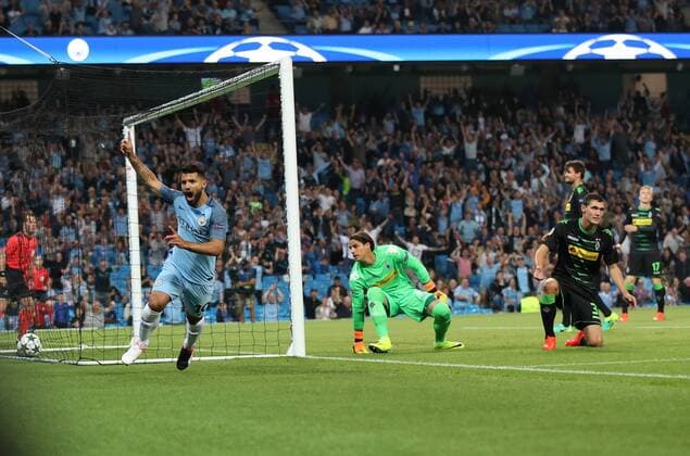 Football - 2016 2017 Champions League - Group C : Manchester City v Borussia Monchengladbach - The Etihad Stadium Sergio Aguero of Manchester City celebrates scoring his first goal during the match between Manchester City and Borussia Monchengladbach at The Etihad Stadium COLORSPORT LYNNE CAMERON 