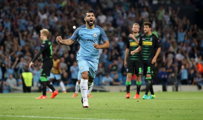 Football - 2016 2017 Champions League - Group C : Manchester City v Borussia Monchengladbach - The Etihad Stadium Sergio Aguero of Manchester City celebrates scoring his second goal during the match between Manchester City and Borussia Monchengladbach at The Etihad Stadium COLORSPORT LYNNE CAMERON 