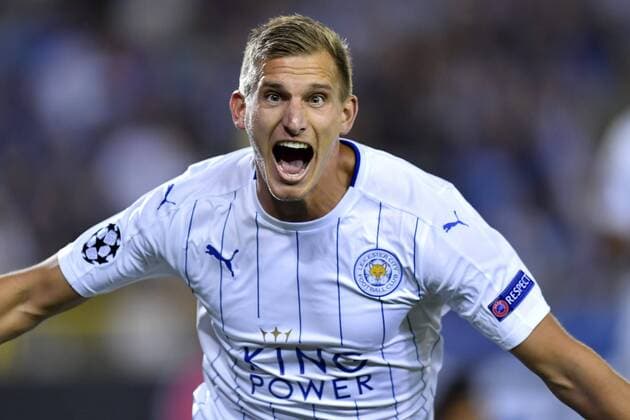 BRUGGE, BELGIUM - SEPTEMBER 14 : Marc Albrighton midfielder of Leicester City FC celebrates scoring the opening goal FOOTBALL : Bruges vs Leicester - Ligue Des Champions - 14 09 2016 PhotoNews Panoramic 