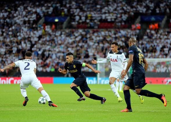 14.09.2016. Wembley Stadium, London, England. UEFA Champions League Football. Tottenham Hotspur versus Monaco. AS Monaco Forward Radamel Falcao Garc& xed;a attacks the Tottenham defence covered by Kyle Walker xMarkxKertonx  ActionPlus11789501