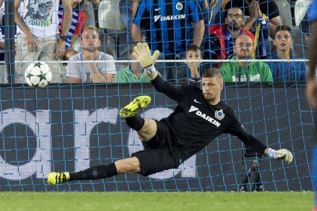 Club s goalkeeper Ludovic Butelle fails to stop a penalty at a game of the first day of the group stage of the UEFA Champions League competition between Belgian first division soccer team Club Brugge KV and English club Leicester City F.C. in the group G in Brugge, Wednesday 14 September 2016. JASPERxJACOBS  x04931897x