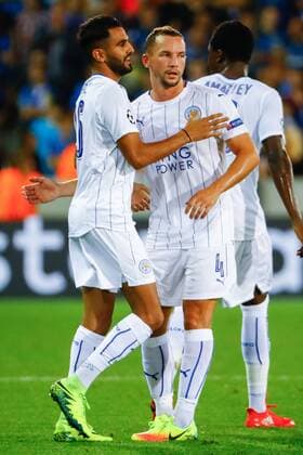 Leicester s Riyad Mahrez celebrates after scoring during a game of the first day of the group stage of the UEFA Champions League competition between Belgian first division soccer team Club Brugge KV and English club Leicester City F.C. in the group G in Brugge, Wednesday 14 September 2016. KURTxDESPLENTER  x04931916x