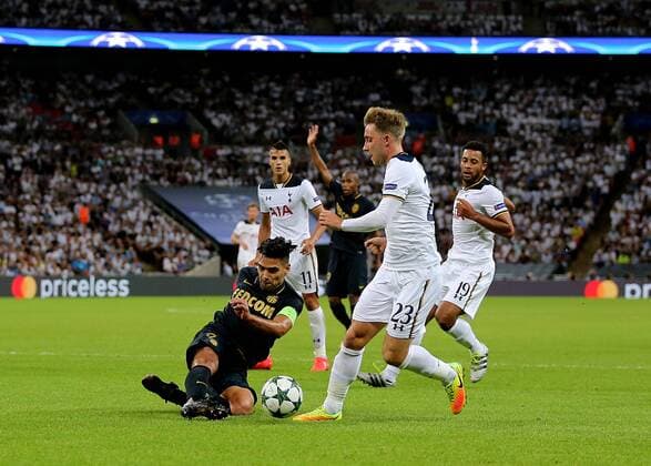14.09.2016. Wembley Stadium, London, England. UEFA Champions League Football. Tottenham Hotspur versus Monaco. AS Monaco Forward Radamel Falcao Garc& xed;a defends against Tottenham Hotspur Midfielder Christian Eriksen xMarkxKertonx  ActionPlus11789506