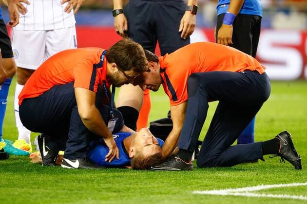 Club s Bjorn Engels lies injured on the ground during a game of the first day of the group stage of the UEFA Champions League competition between Belgian first division soccer team Club Brugge KV and English club Leicester City F.C. in the group G in Brugge, Wednesday 14 September 2016. KURTxDESPLENTER  x04931948x