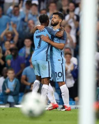 Football - 2016 2017 Champions League - Group C : Manchester City v Borussia Monchengladbach - The Etihad Stadium Sergio Aguero of Manchester City celebrates his third goal during the match between Manchester City and Borussia Monchengladbach at The Etihad Stadium COLORSPORT LYNNE CAMERON 