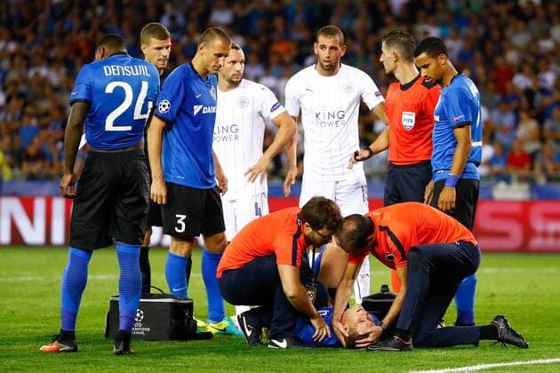 Club s Bjorn Engels lies injured on the ground during a game of the first day of the group stage of the UEFA Champions League competition between Belgian first division soccer team Club Brugge KV and English club Leicester City F.C. in the group G in Brugge, Wednesday 14 September 2016. KURTxDESPLENTER  x04931946x