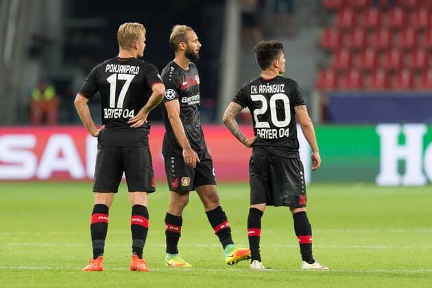 Leverkusen, Germany 14.09.2016, UEFA Champions League - 2016 17 Season, Group E - Matchday 1, Bayer 04 Leverkusen - ZSKA Moskau, 2:2, Joel Pohjanpalo (Leverkusen), Oemer Toprak (Leverkusen) und Charles Aranguiz (Leverkusen) ( DeFodi001