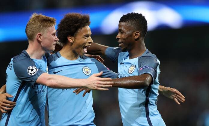 Football - 2016 2017 Champions League - Group C : Manchester City v Borussia Monchengladbach - The Etihad Stadium Kelechi Iheanacho of Manchester City celebrates scoring the fourth goal with Kevin De Bruyne and Leroy Sane during the match between Manchester City and Borussia Monchengladbach at The Etihad Stadium COLORSPORT LYNNE CAMERON 