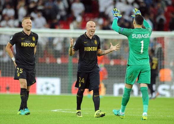 Football - 2016 2017 Champions League - Group E: Tottenham Hotspur vs Monaco Tiemoue Bakayoko celebrates with goalkeeper Danijel Subasic at the final whistle at Wembley Stadium 