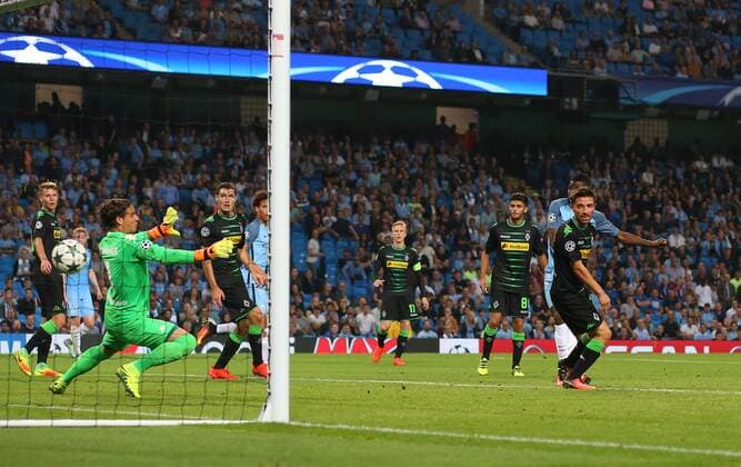 Kelechi Iheanacho of Manchester City scores the fourth goal during the UEFA Champions League Group C match at The Etihad Stadium, Manchester. Picture date: September 14th, 2016. Pic Simon Bellis Sportimage EDITORIAL USE ONLY. No use with unauthorised audio, video, data, fixture lists, club league logos or live services. Online in-match use limited to 120 images, no video emulation. No use in betting, games or single club league player publications.