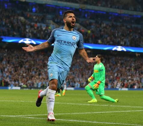 Sergio Aguero of Manchester City celebrates scoring his hat rick goal during the UEFA Champions League Group C match at The Etihad Stadium, Manchester. Picture date: September 14th, 2016. Pic Simon Bellis Sportimage EDITORIAL USE ONLY. No use with unauthorised audio, video, data, fixture lists, club league logos or live services. Online in-match use limited to 120 images, no video emulation. No use in betting, games or single club league player publications.