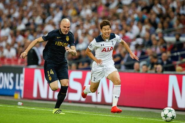 Son Heung-Min (Tottenham), Andrea Raggi (Monaco), SEPTEMBER 14, 2016 - Football Soccer : Son Heung-Min of Tottenham Hotspur and Andrea Raggi of Monaco during the UEFA Champions League Group Stage match between Tottenham Hotspur and AS Monaco at Wembley Stadium in London, England. Noxthirdxpartyxsales  (mdga011870)