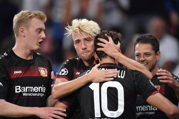 14.09.2016, Fussball Champions League 2016 17, Vorrunde, 1. Spieltag, Bayer 04 Leverkusen - ZSKA Moskau 2:2, Jubel (v.li.) Julian Brandt (Bayer 04 Leverkusen), Kevin Kampl (Bayer 04 Leverkusen), Hakan Calhanoglu (Bayer Leverkusen), Chicharito, Javier Hernandez, (Bayer 04 Leverkusen)