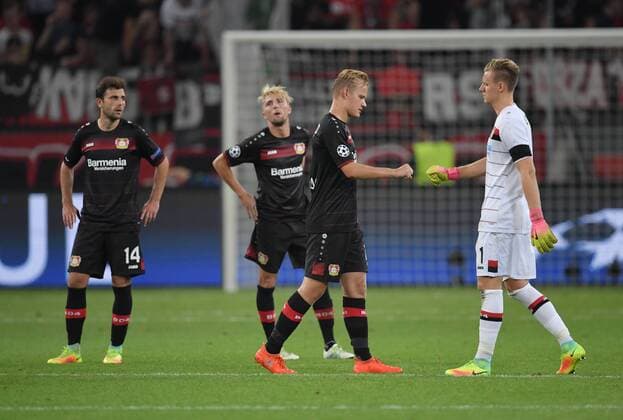 14.09.2016, Fussball Champions League 2016 17, Vorrunde, 1. Spieltag, Bayer 04 Leverkusen - ZSKA Moskau 2:2, v.re., Torwart Bernd Leno (Bayer 04 Leverkusen), Joel Pohjanpalo (Bayer 04 Leverkusen), Kevin Kampl (Bayer 04 Leverkusen), Admir Mehmedi (Bayer 04 Leverkusen)