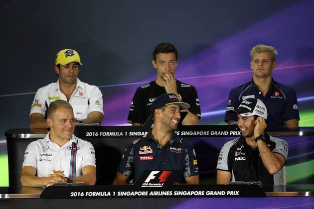 Formel 1, GP von Singapur, Pressekonferenz Singapore Grand Prix 15 - 18 September 2016 15.09.2016 - press conference PK Pressekonferenz Felipe Nasr (BRA) Sauber C34, Jolyon Palmer (GBR) Renault F1 Team RS16, Marcus Ericsson (SUE) Sauber C34, Valtteri Bottas (FIN) Williams FW38, Daniel Ricciardo (AUS) Red Bull Racing RB12 and Sergio Perez (MEX) Sahara Force India F1 VJM09 