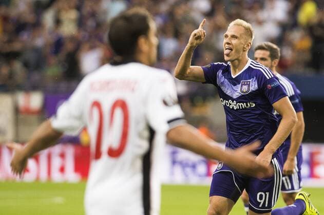 Anderlecht s Lukasz Teodorczyk celebrates after scoring during a soccer game between Belgian team RSC Anderlecht and Azerbaidjan club Gabala FK, Thursday 15 September 2016 in Brussels, the first game of the group stage of the Europa League competition in group C. LAURIExDIEFFEMBACQ  x04932538x
